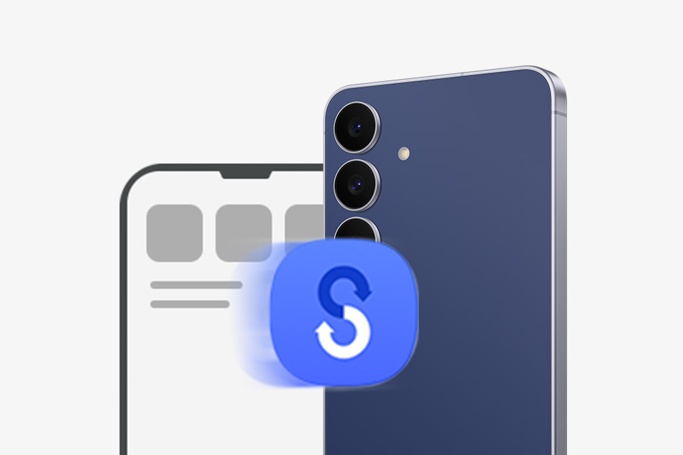 Granatowy Samsung Galaxy S25 FE jest pokazany na tle ekranu innego telefonu. Na pierwszym planie widoczna jest ikona Smart Switch sugerująca transfer danych.