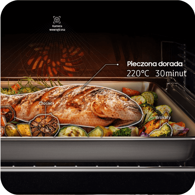 Pieczona dorada z czosnkiem i brokułami w temperaturze 220°C przez 30 minut.