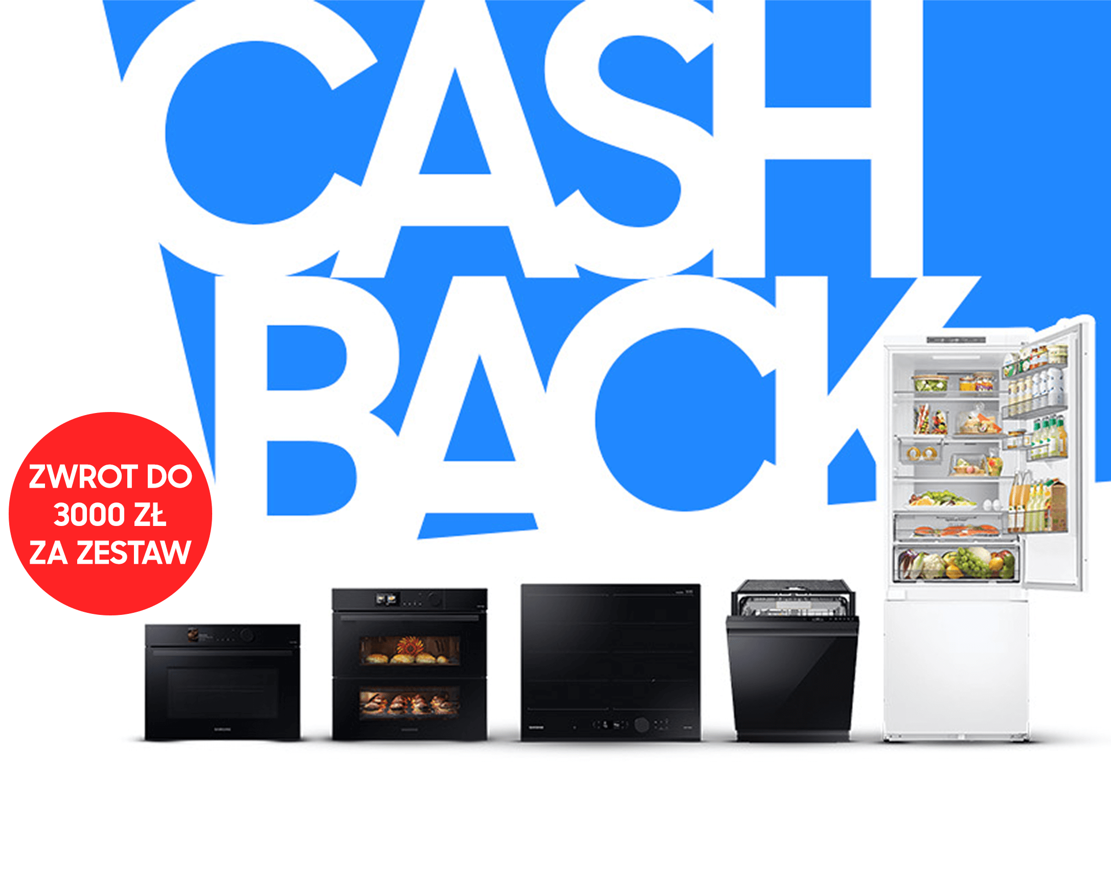 Grafika przedstawia produkty AGD Samsung stojące na niebiesko białym tle z napisem Cashback z informacją o kwocie zwrotu