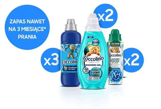 Zestaw Coccolino: x3 płyny, x2 żele i x2 perfumy do tkanin, zapas prania nawet na 3 miesiące.