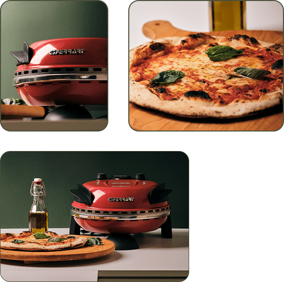 Czerwony piec do pizzy wraz z pizzą oraz oliwą