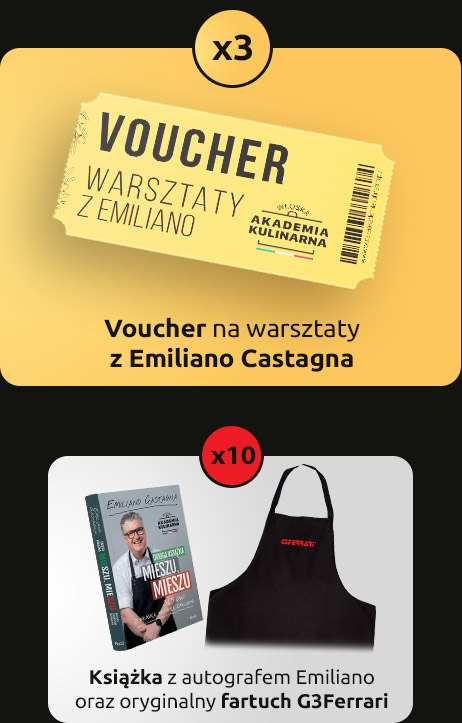 Nagroda główna x3 voucher na warsztaty, x10 ksiażka z autografem i fartuch G3 Ferrari