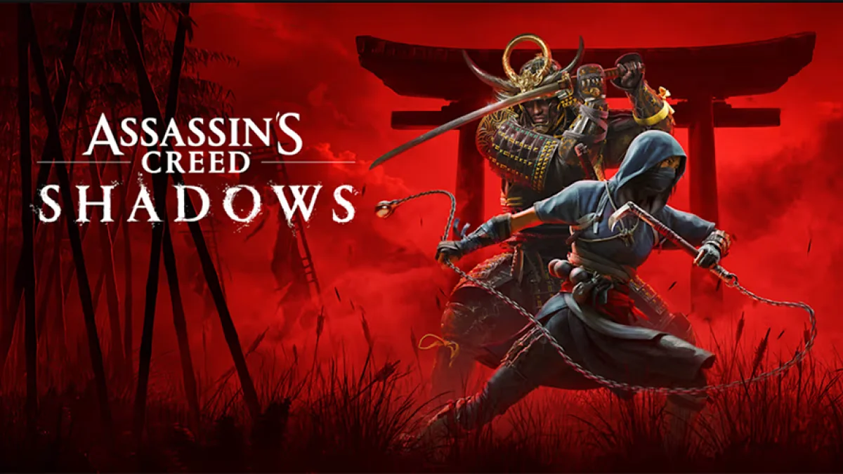 Banner Assassin’s Creed Shadows z shinobi i samurajem na czerwonym tle z bramą tori