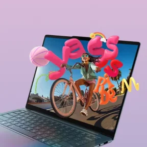 Laptop Lenovo Yoga Slim 7, ekran z kolorową grafiką i rowerzystką