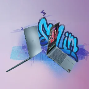 Laptop Lenovo Yoga Slim po kątem, na ekranie dynamiczna scena ze skateboardzistą, obok ikona oka symbolizująca jakość obrazu
