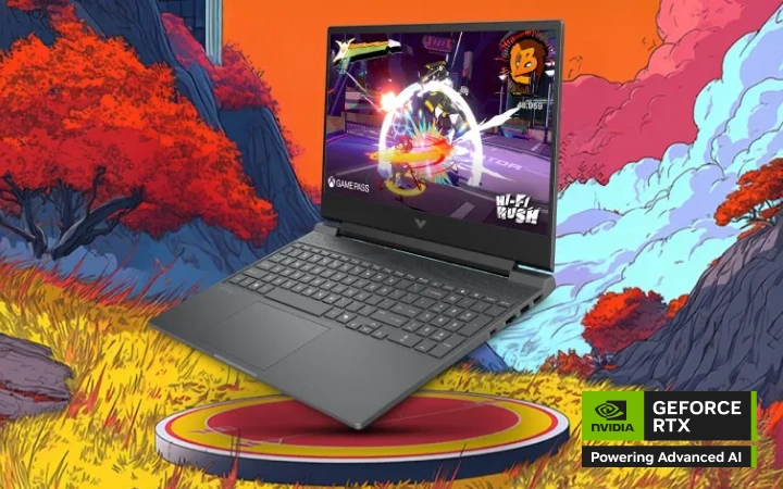 Ноутбук з грою на екрані, дуже барвистим фоном та логотипом NVIDIA GeForce RTX.